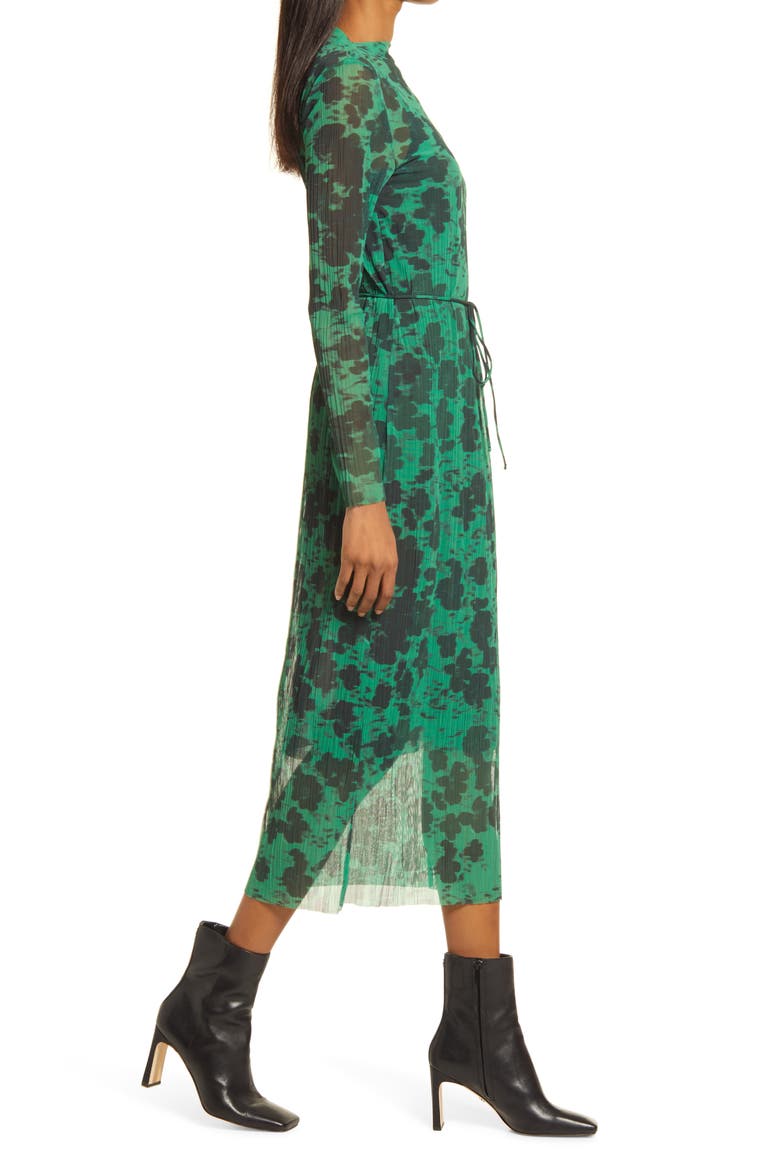 Abstract Floral Long Sleeve Mesh Midi Dress, Alternate, color, GREEN AOP
