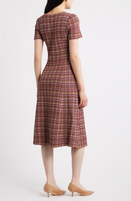 Misook A-line Plaid Multi-stitch Knit Midi Dress In Brown