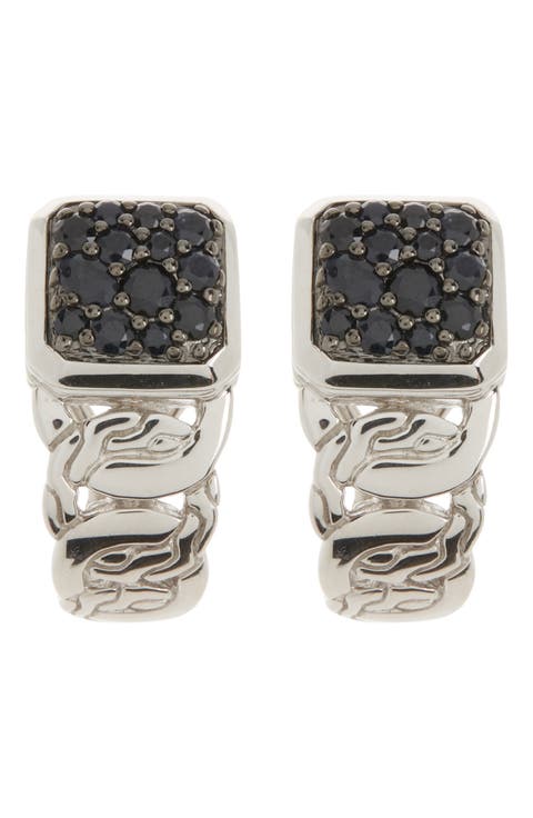 Sterling Silver Pave Black Sapphire Classic Chain Hoop Earrings