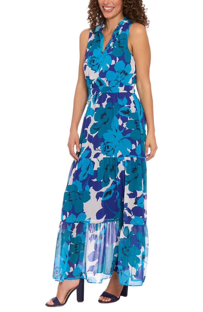 London Times Floral Sleeveless Tiered Chiffon Maxi Dress, Alternate, color, 
