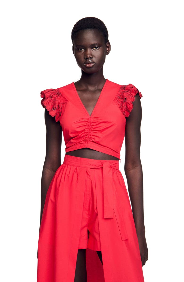 SANDRO Crop top with embroidered sleeves, Alternate, color, 