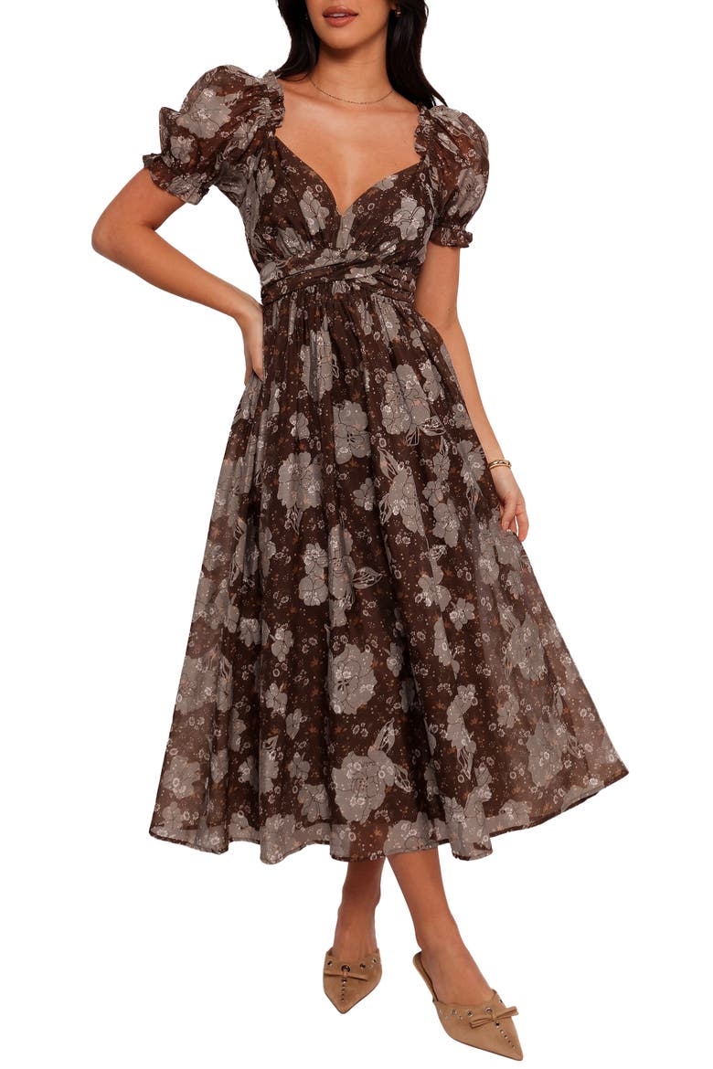 Farryn Floral Puff Sleeve Midi Dress, Main, color, BROWN/ GREY
