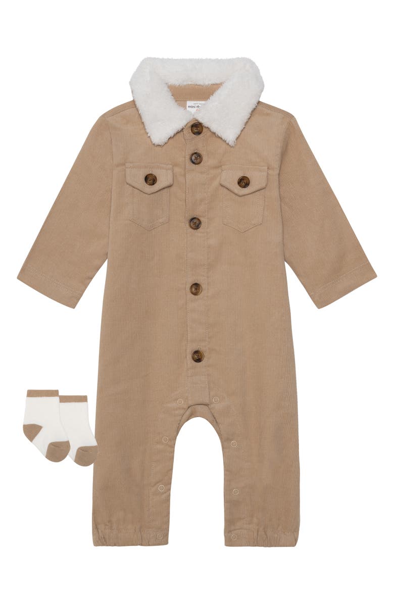 PL Baby by Petit Lem 2-Piece Fleece Collar Corduroy Romper Set, Main, color, 