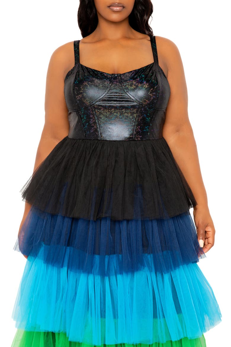 Colorful Tiered Faux Leather & Tulle Maxi Dress, Alternate, color, BLUE MULTI