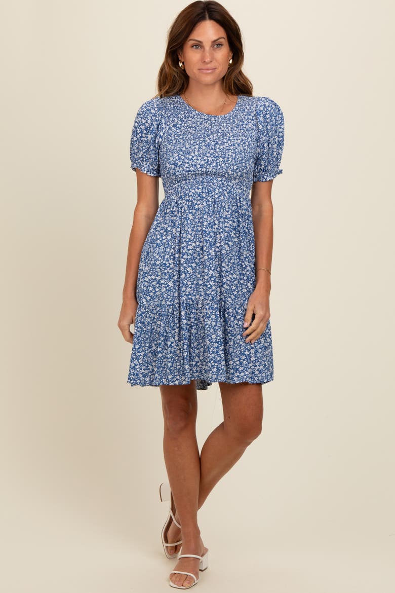 Floral Puff Sleeve Smocked Dress, Alternate, color, Blue