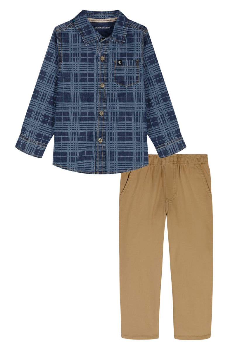 Calvin Klein Kids' Plaid Button-Up Shirt & Pants Set, Main, color, Denim Blue