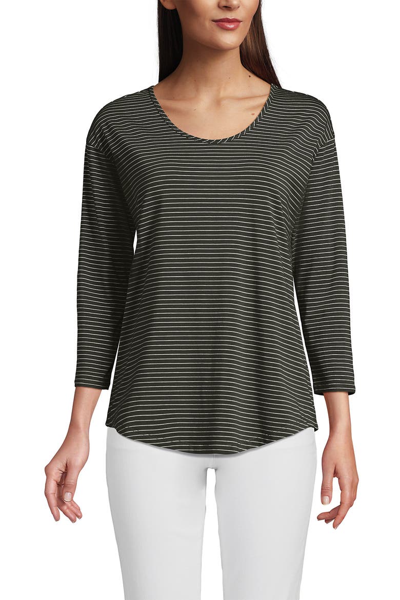 3/4 Sleeve Lightweight Jersey U-Neck Tunic, Alternate, color, Forest Moss Thin Stripe