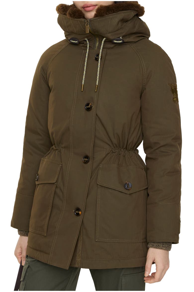 Shearling Trim Gabardine Parka, Main, color, Juniper green