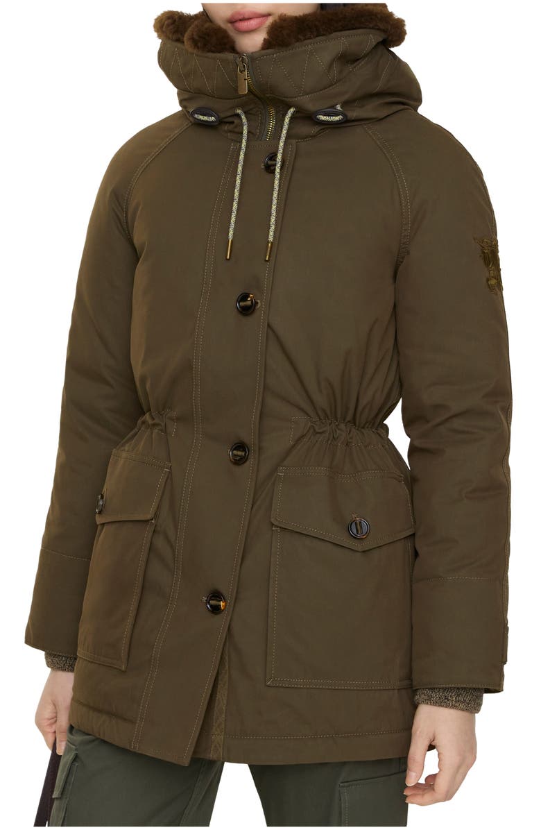 Burberry Shearling Trim Gabardine Parka, Main, color, Juniper Green