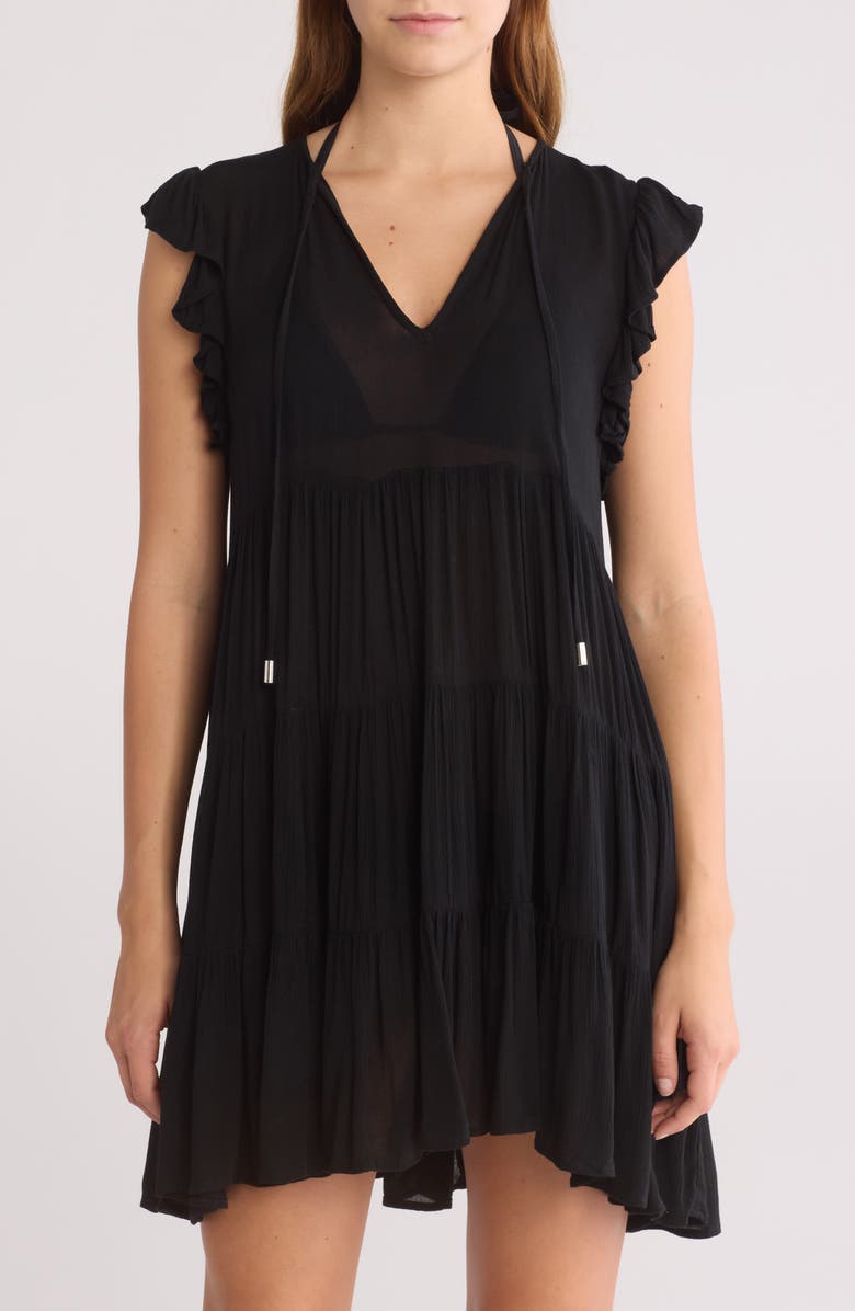 Elan Ruffle Cap Sleeve Tiered Cover-Up Dress, Main, color, Black