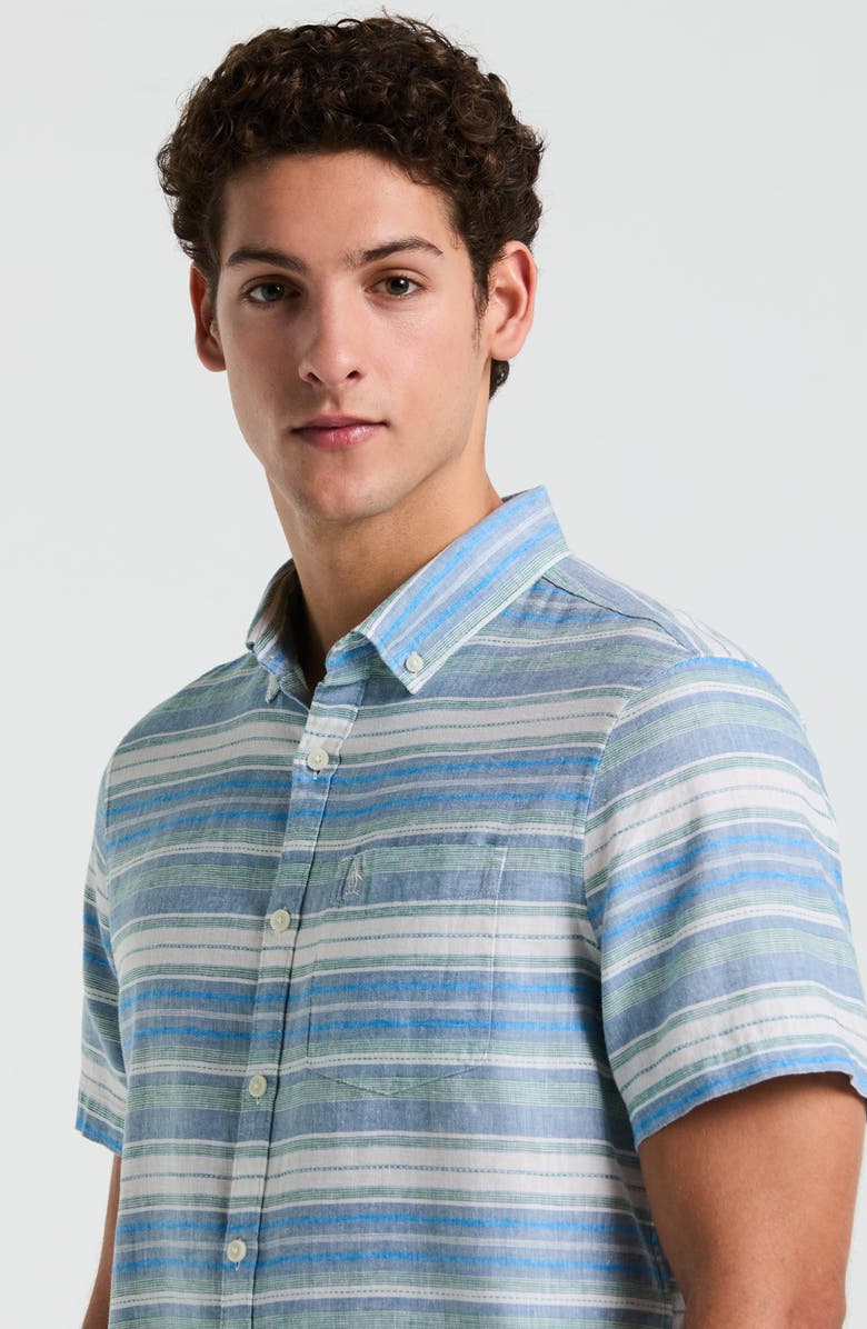 Original Penguin Stripe Linen & Cotton Short Sleeve Button-Down Shirt, Alternate, color,