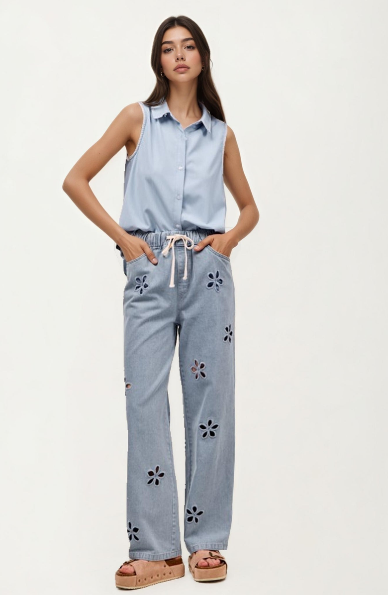Knit and Lounge Relaxed Wide Leg Cutout Flower Denim Pants, Alternate, color, 