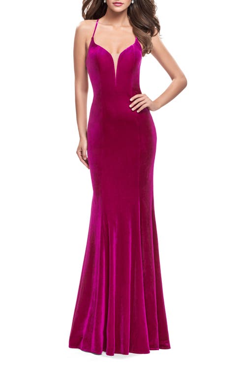 La Femme Strapless Velvet Mermaid Dress With Strappy Back In Fuchsia