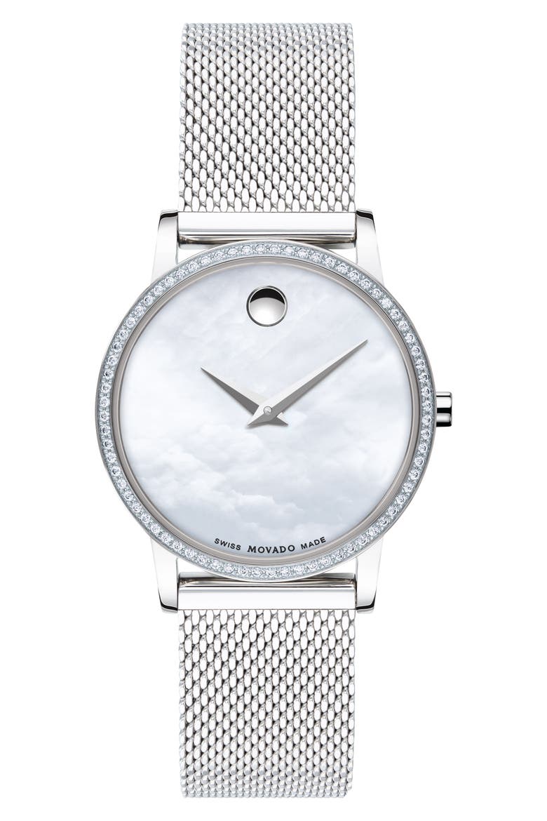 Museum Classic Diamond Bracelet Watch, 28mm, Main, color, SILVER/ WHITE MOP/ SILVER