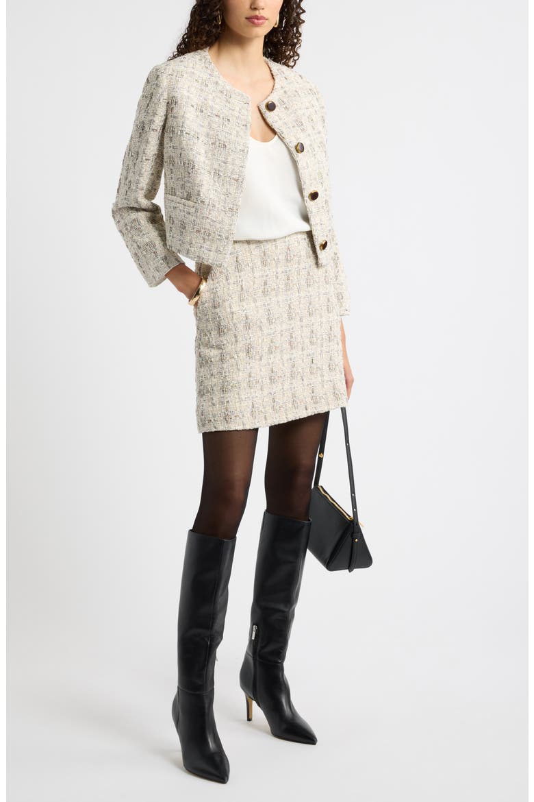 Collarless Cropped Tweed Jacket, Alternate, color, IVORY PLAID