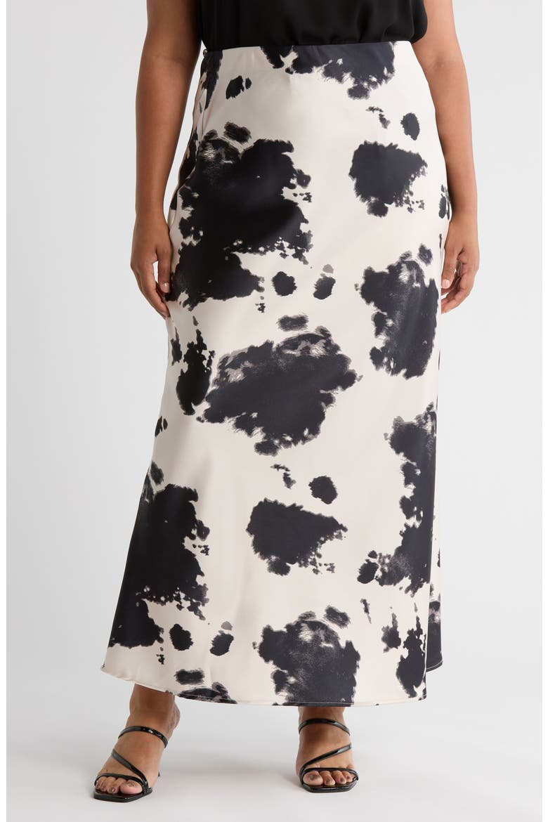 Cow Print Satin Maxi Skirt, Main, color, BLACK