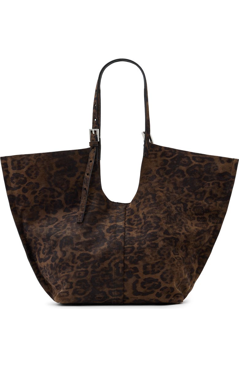 AllSaints Ara East West Leopard Print Suede Tote, Main, color,