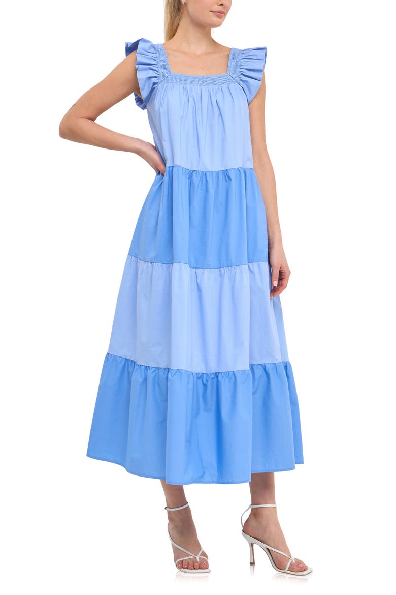 Flutter Sleeve Colorblock Cotton Midi Dress, Alternate, color, BLUE MULTI