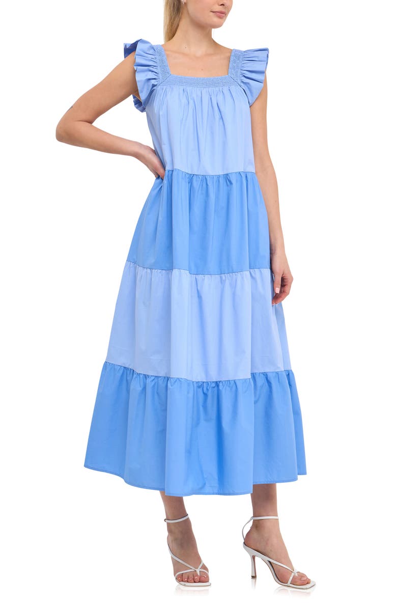English Factory Flutter Sleeve Colorblock Cotton Midi Dress, Alternate, color, Blue Multi