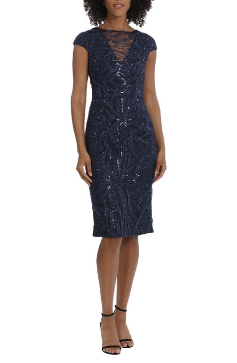 Illusion Lace Sequin Embroidered Cap Sleeve Midi Dress