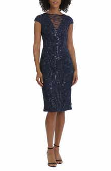 Maggy London Illusion Lace Sequin Embroidered Cap Sleeve Midi Dress