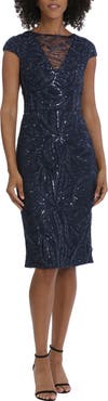 Maggy London Illusion Lace Sequin Embroidered Cap Sleeve Midi Dress