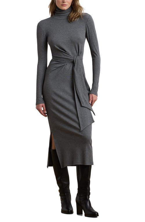 Ralph Lauren Lauren Turtleneck Tie Waist Long Sleeve Rib Cotton Blend Midi Dress In Gray