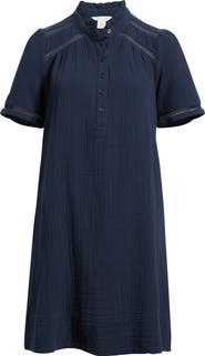 Caslon® Ruffle Embroidered Inset Cotton Shift Dress