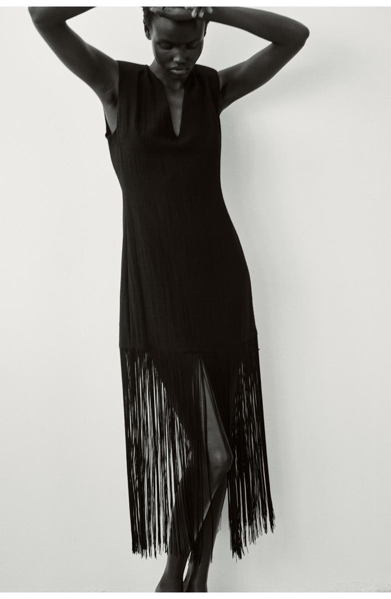 H&M Fringed dress with shoulder pads, Alternate, color, Black