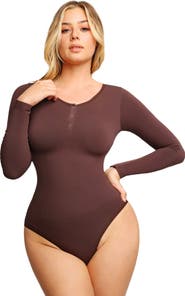 Popilush Shapewear Seamless Modal Long Sleeve Henley Bodysuit