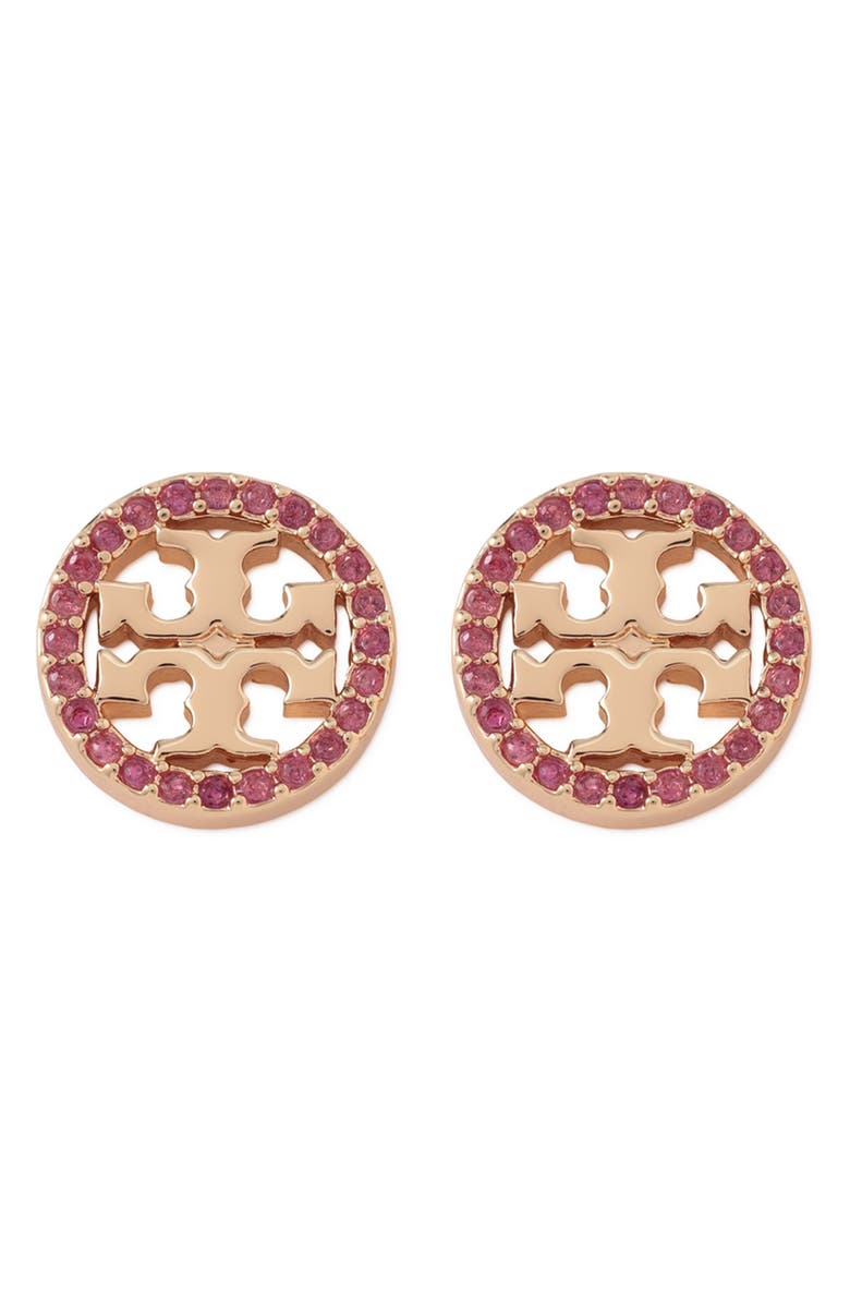 Tory Burch Icon Pavé Circle Stud Earrings, Main, color, Tory Gold / Ruby
