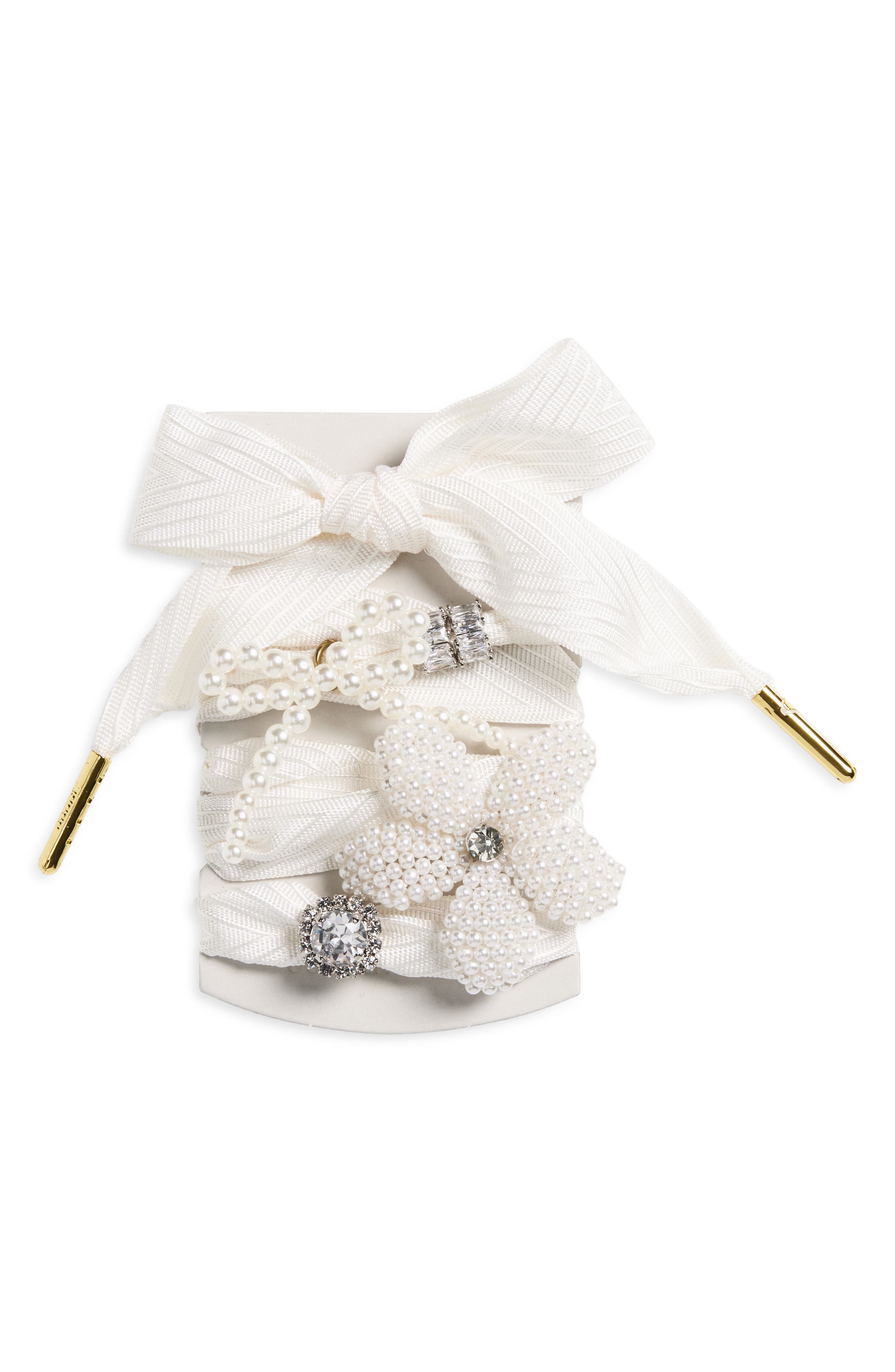 Skins Crystal & Faux Pearl Charm Shoelaces, Main, color, OPTIC WHITE