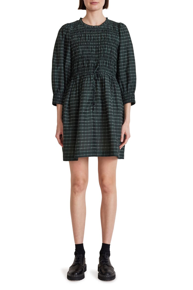 Aldea Smocked Organic Cotton Babydoll Dress, Main, color, BLACK AND GREEN STRIPES