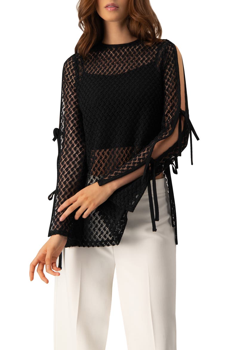 Tie-Sleeve See Through Lace Blouse, Main, color, Black
