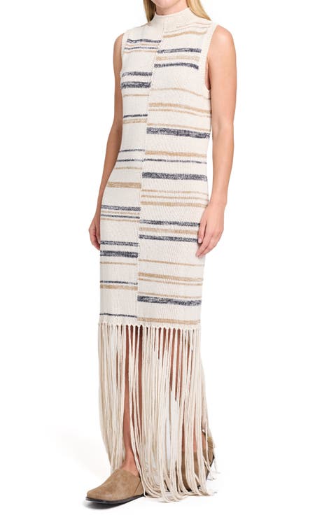 Stripe Fringe Detail Stretch Silk & Linen Sweater Dress