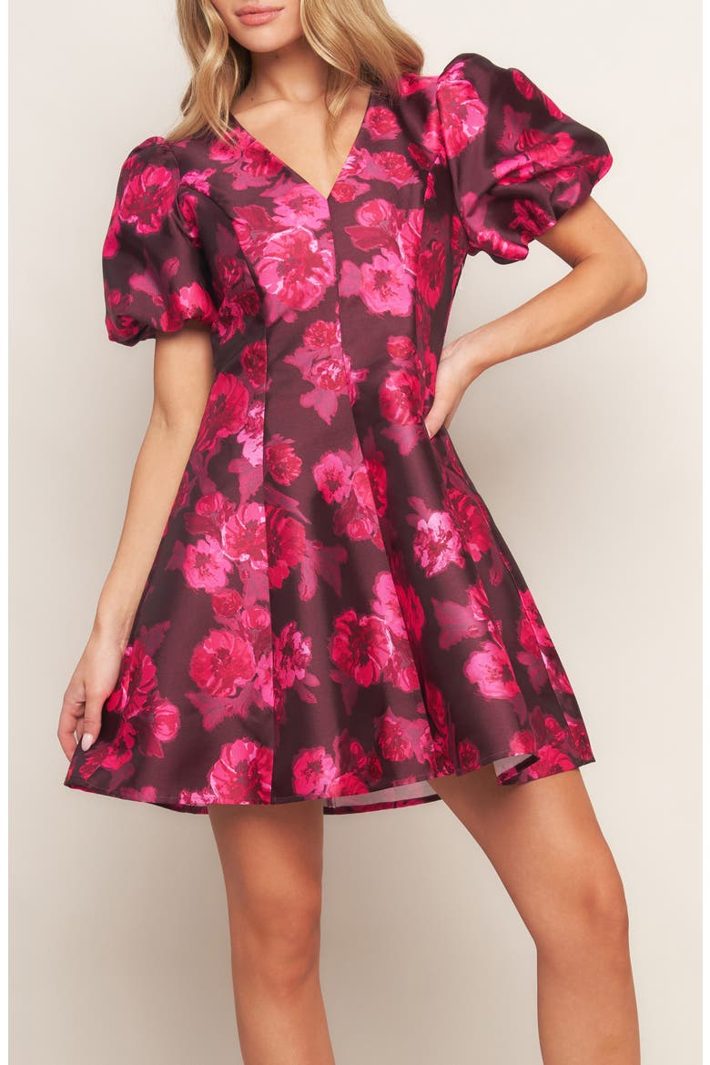 Puff Sleeve Fit and Flare Dress, Alternate, color, BURGUNDY