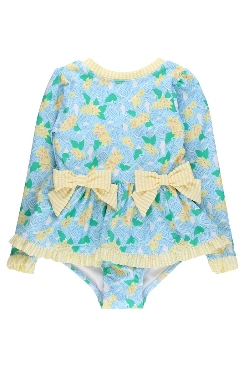 UPF50+ Long Sleeve One Piece Bow Peplum Rash Guard Swimsuit, Main, color, Blooming Basket