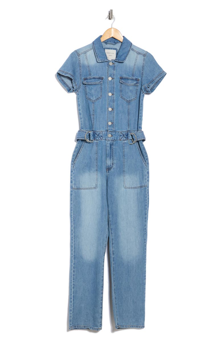 Habitual Short Sleeve Belted Denim Jumpsuit, Alternate, color, Pacific