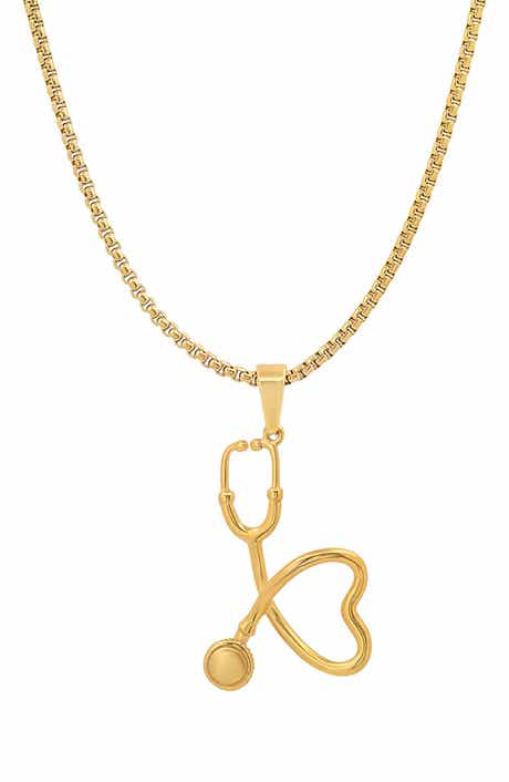 HMY JEWELRY 18k Gold Plated Stainless Steel Stethoscope Heart Pendant Necklace