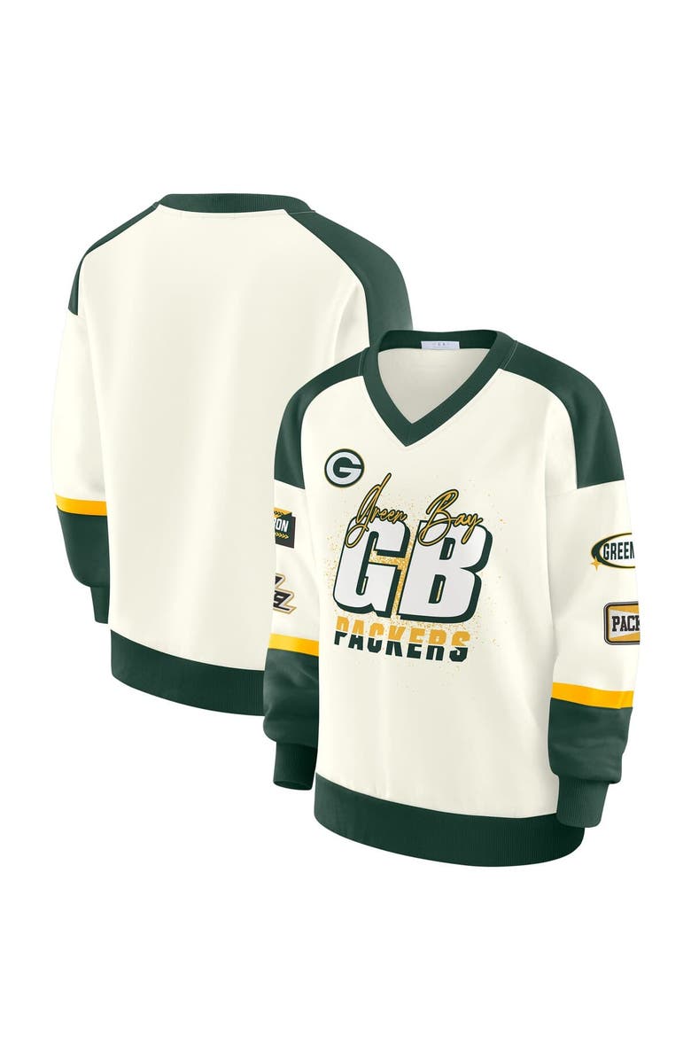 WEAR by Erin Andrews Women's WEAR by Erin Andrews  Cream Green Bay Packers Racing Crew V-Neck Sweatshirt, Main, color, 