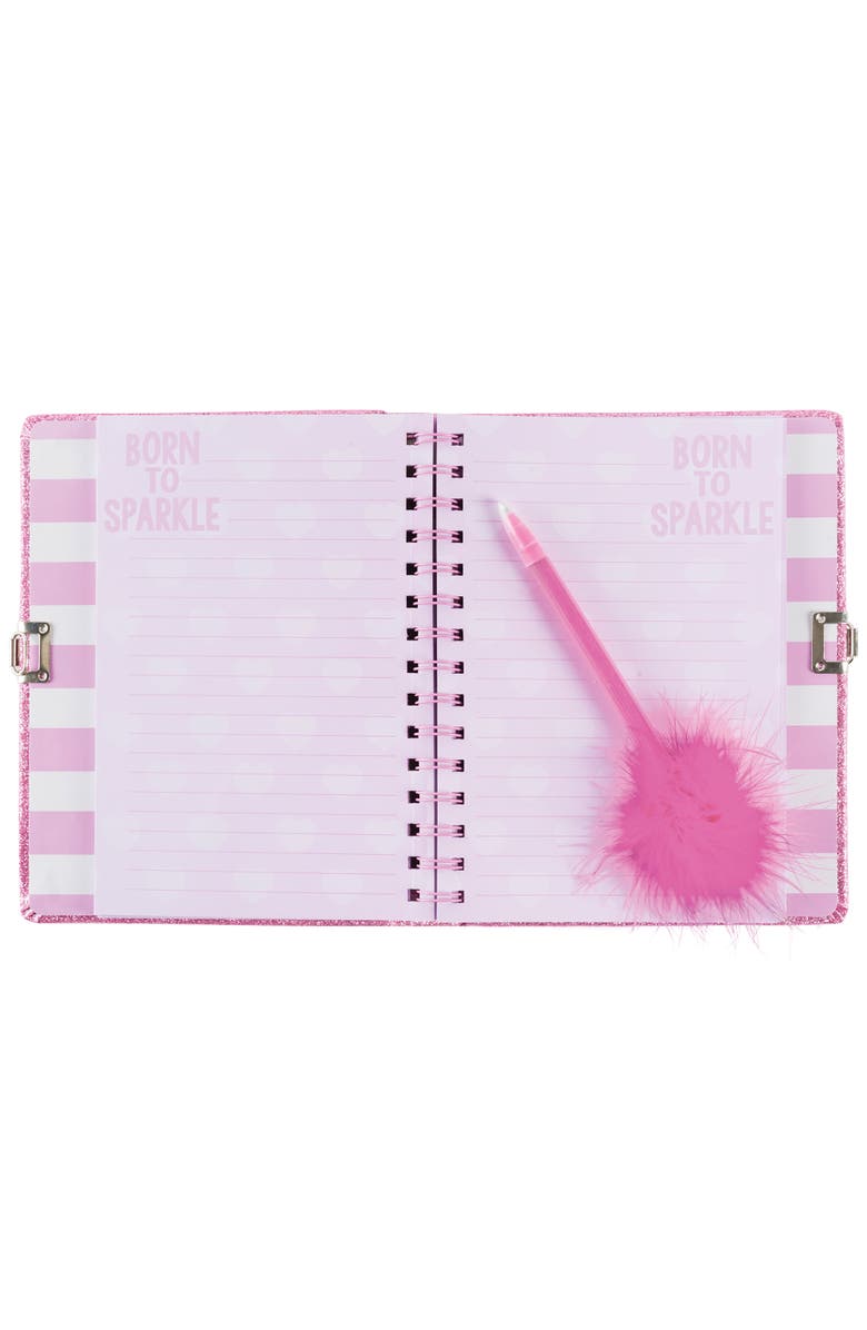 Three Cheers For Girls Born To Sparkle Glitter Locking Journal Pink W/ Matching Pom Pen, Alternate, color, 