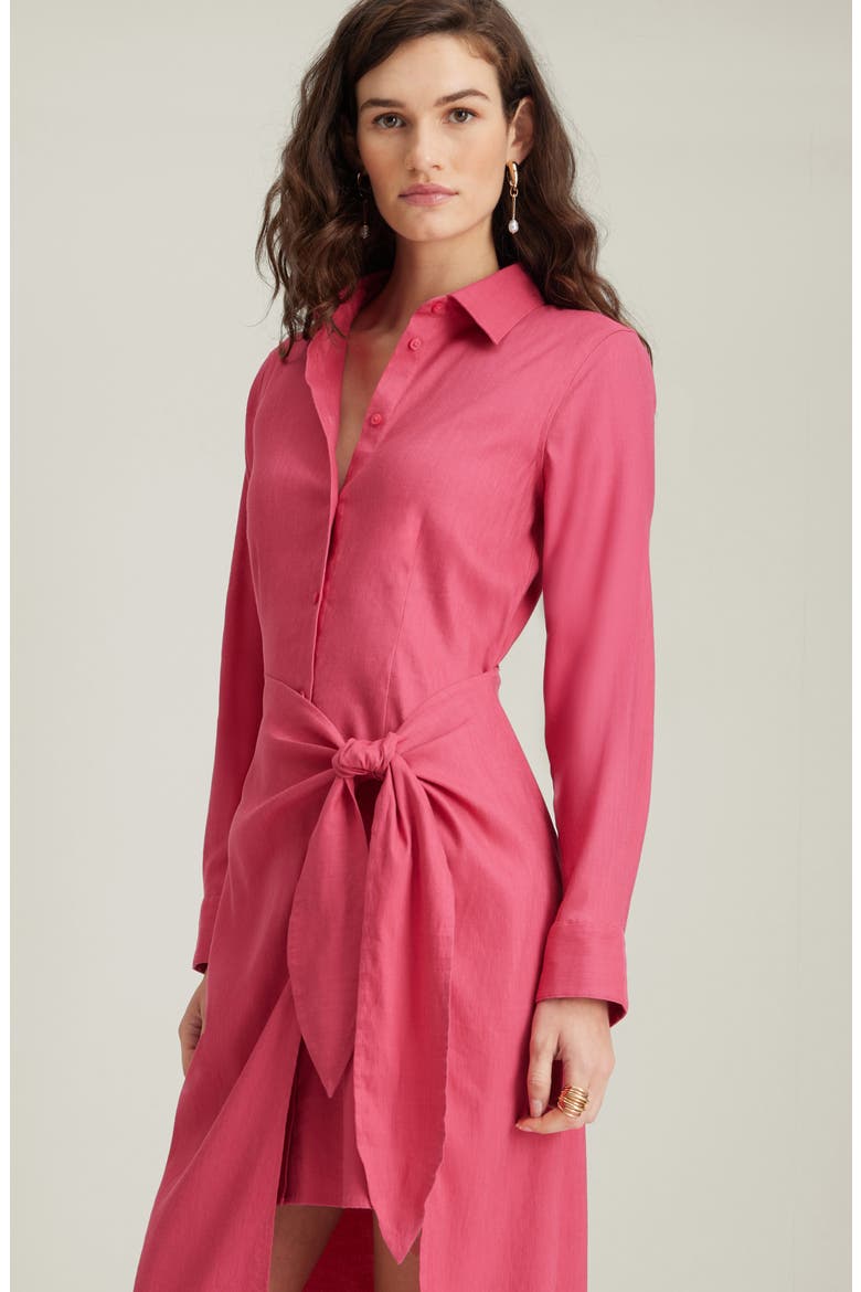 Long Sleeve Stretch Linen Blend Faux Wrap Shirtdress, Alternate, color, PINK CARMINE