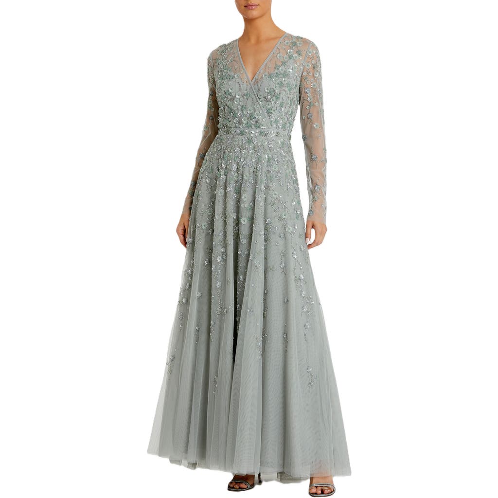 MAC DUGGAL MAC DUGGAL EMBELLISHED WRAP OVER ILLUSION LONG SLEEVE A LINE GOWN