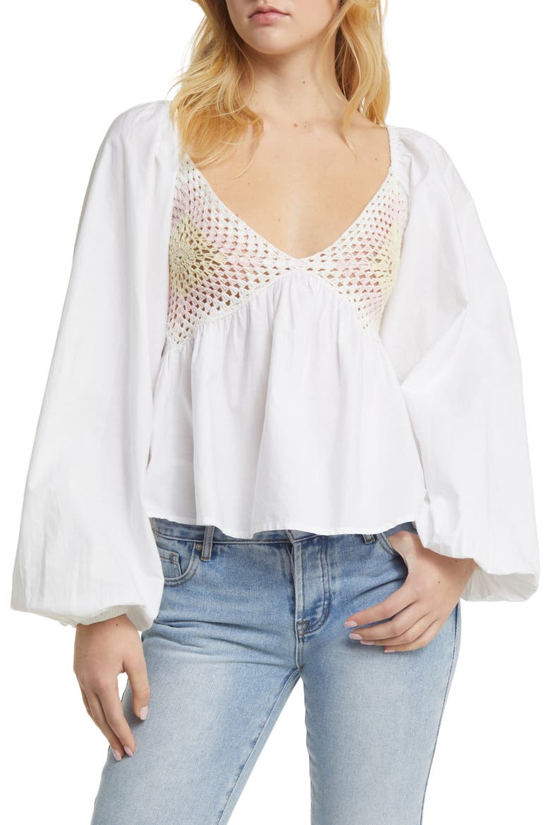 Crochet Inset Balloon Sleeve Cotton Blouse, Main, color, WHITE MULTI