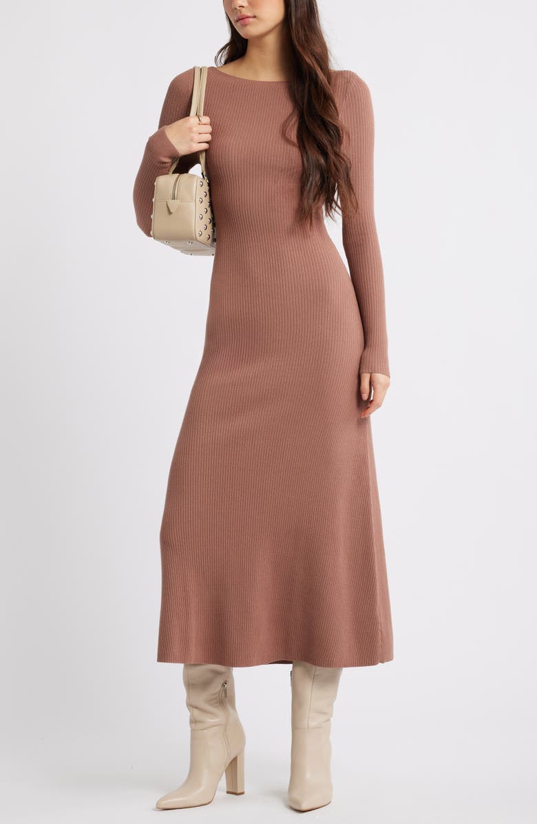Open Edit Long Sleeve Rib Maxi Dress, Alternate, color, Brown Topaz