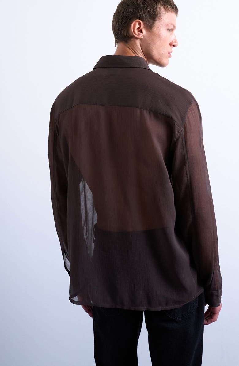 Topman Crinkle Texture Sheer Button-Up Shirt, Alternate, color, Brown