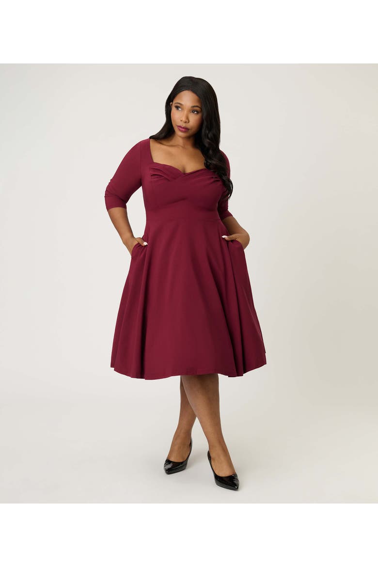 Plus Size Pleated Bust Swing Dress, Alternate, color, Burgundy