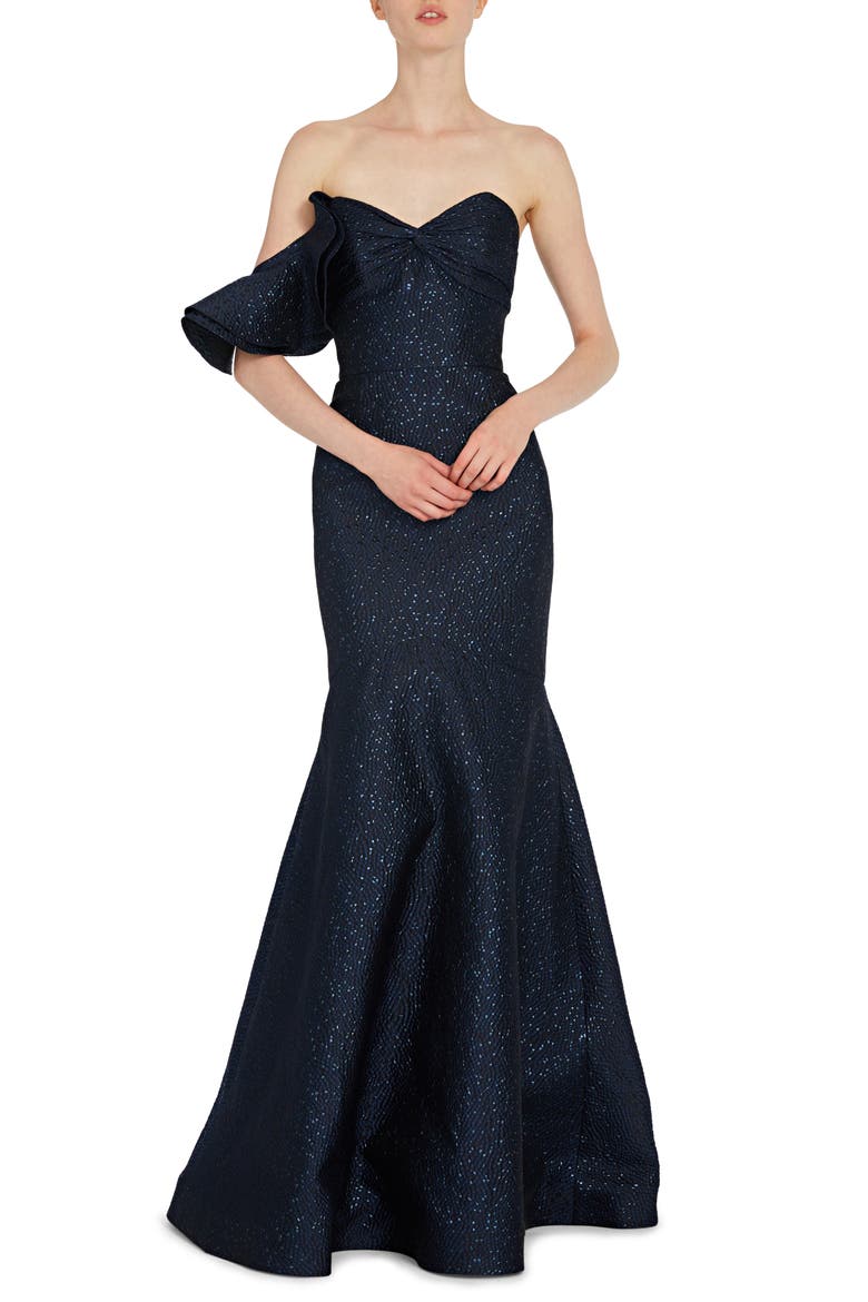 One-Sleeve Metallic Trumpet Gown, Main, color, NAVY MULTI