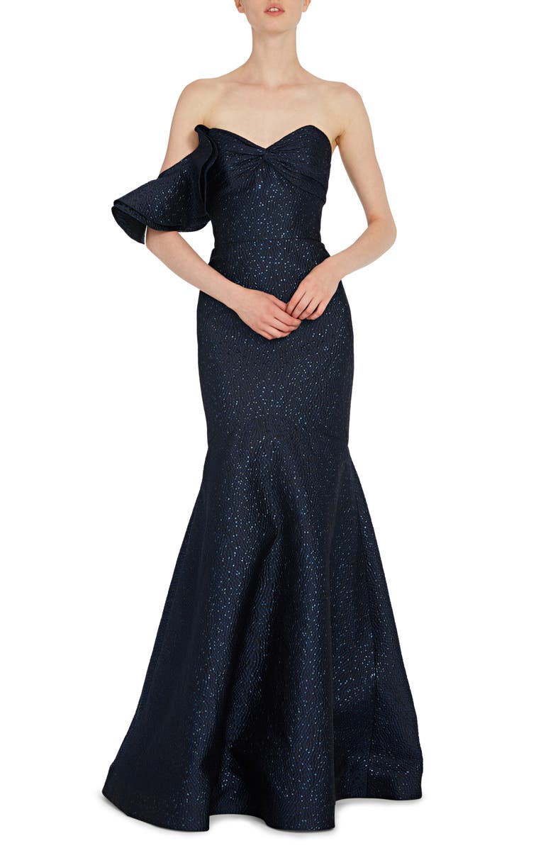 ML Monique Lhuillier One-Sleeve Metallic Trumpet Gown, Main, color, 