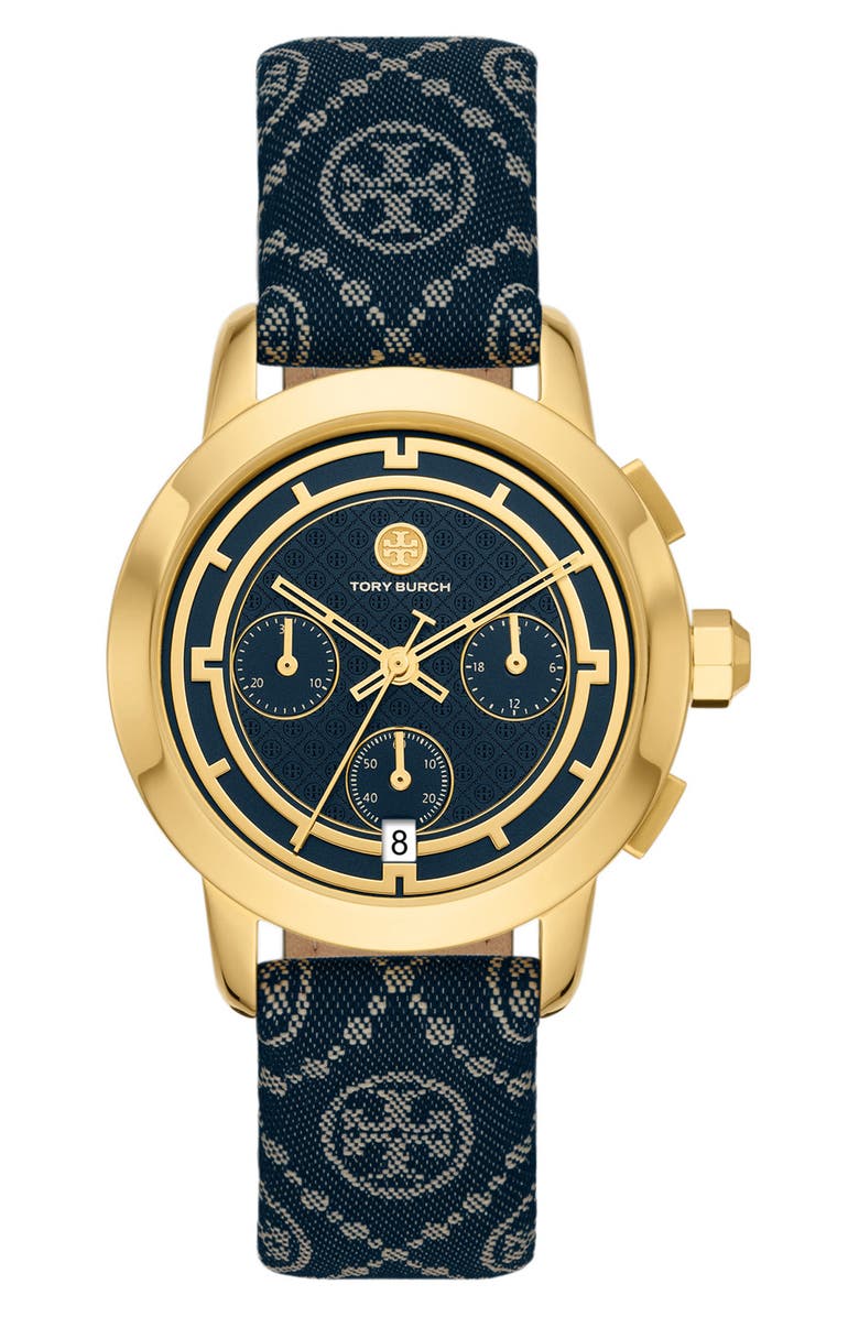 Tory Burch The T-Monogram Chronograph Textile Strap Watch, 37mm, Main, color, 